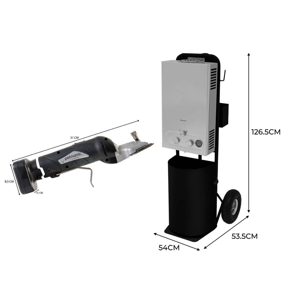 Duche portátil para cavalos em preto, com máquina de tosquiar sem fios, design moderno, rodas para fácil transporte e dimensões detalhadas