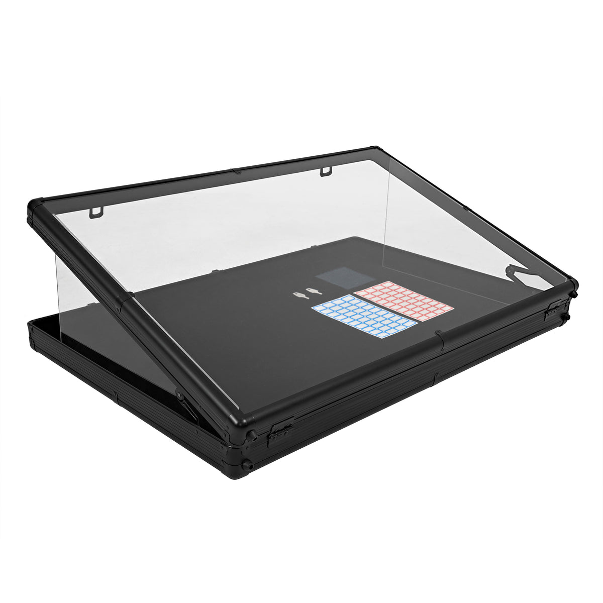 Caixa de exibição preta com tampa de vidro transparente, ideal para mostrar produtos, com teclado colorido visível na parte interna