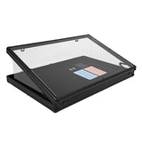 Caixa de exibição preta com tampa de vidro transparente, ideal para mostrar produtos, com teclado colorido visível na parte interna