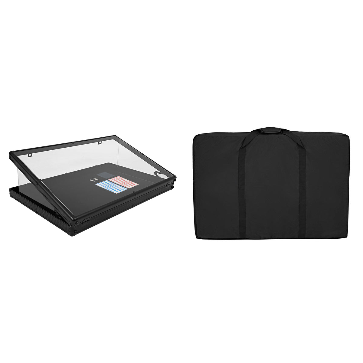 Caixa de exibição em acrílico transparente com base preta, acompanhada de bolsa de transporte preta, ideal para exibir produtos