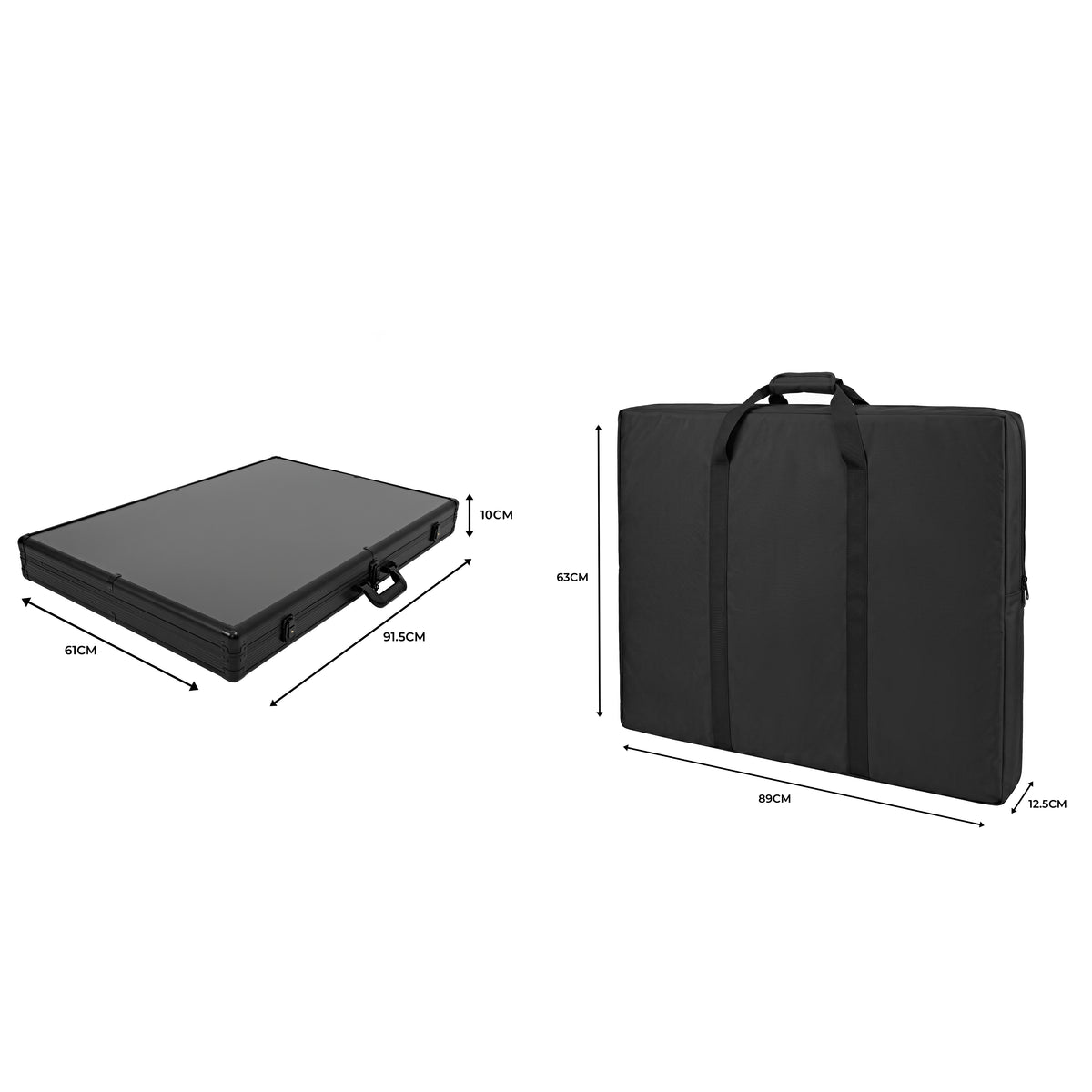 Mala de transporte preta, retangular, com alças, medindo 85x63x7,5 cm, ideal para proteger e transportar equipamentos com segurança