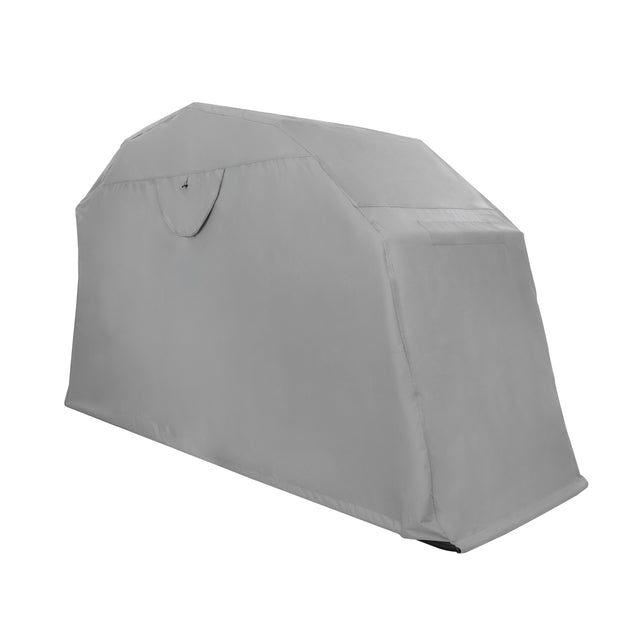 Garagem dobrável para moto grande, cinza, com design resistente e acabamento liso, ideal para proteção contra intempéries