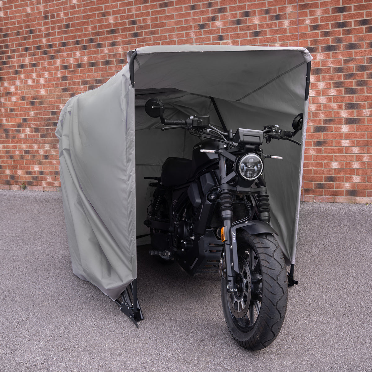 Garagem dobrável grande para moto, cinza, com estrutura resistente e proteção contra intempéries, ideal para armazenamento seguro