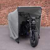Garagem dobrável grande para moto, cinza, com estrutura resistente e proteção contra intempéries, ideal para armazenamento seguro