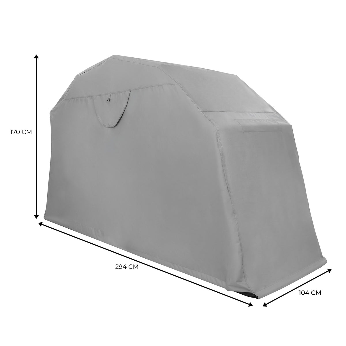 Garagem dobrável para mota grande, cinza, com formato retangular, medidas de 294 cm x 170 cm x 104 cm, ideal para proteção de motos