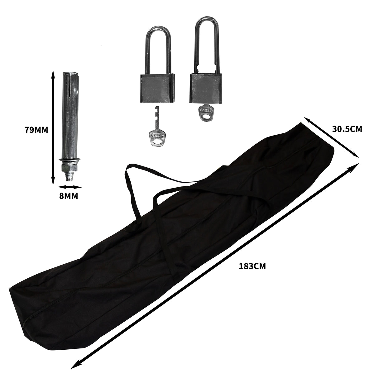 Garagem dobrável para moto grande na cor cinza, com estrutura metálica, cadeados e bolsa de transporte preta, dimensões 183cm x 30.5cm x 79mm
