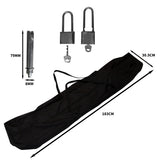 Garagem dobrável para moto grande na cor cinza, com estrutura metálica, cadeados e bolsa de transporte preta, dimensões 183cm x 30.5cm x 79mm