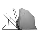 Tenda cinza dobrável com estrutura de metal preta, ideal para acampamentos, com design compacto e fácil de transportar