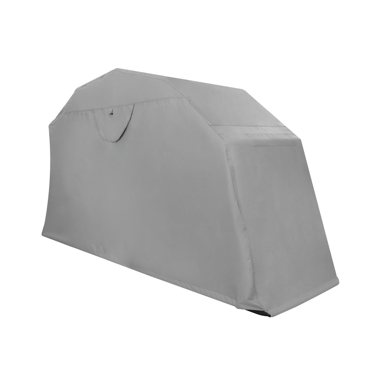 Garagem dobrável cinza para moto, com design resistente e formato aerodinâmico, ideal para proteção e armazenamento seguro