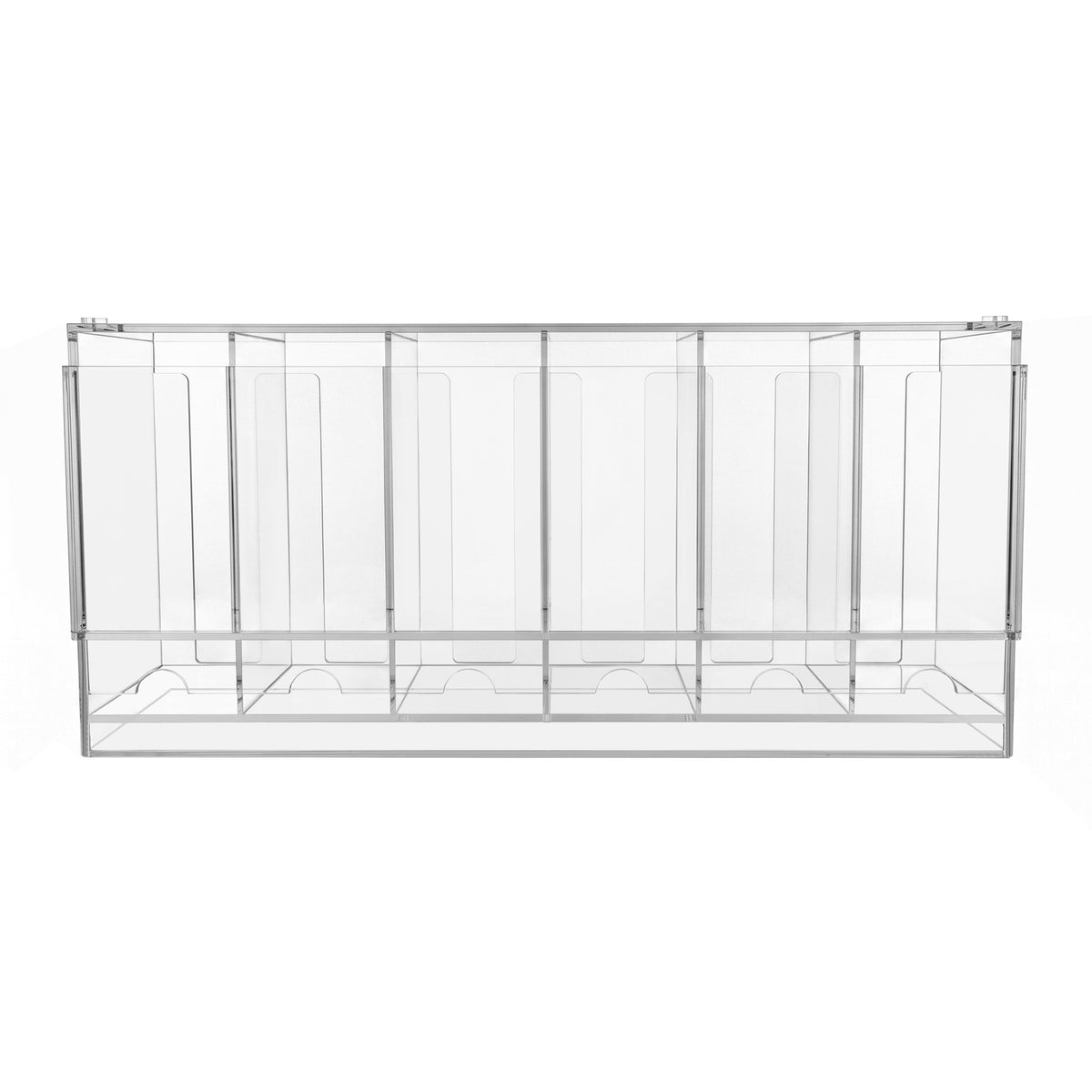 Expositor dispensador acrílico transparente com 6 compartimentos, ideal para organizar boosters de TCG, com acabamento liso e moderno