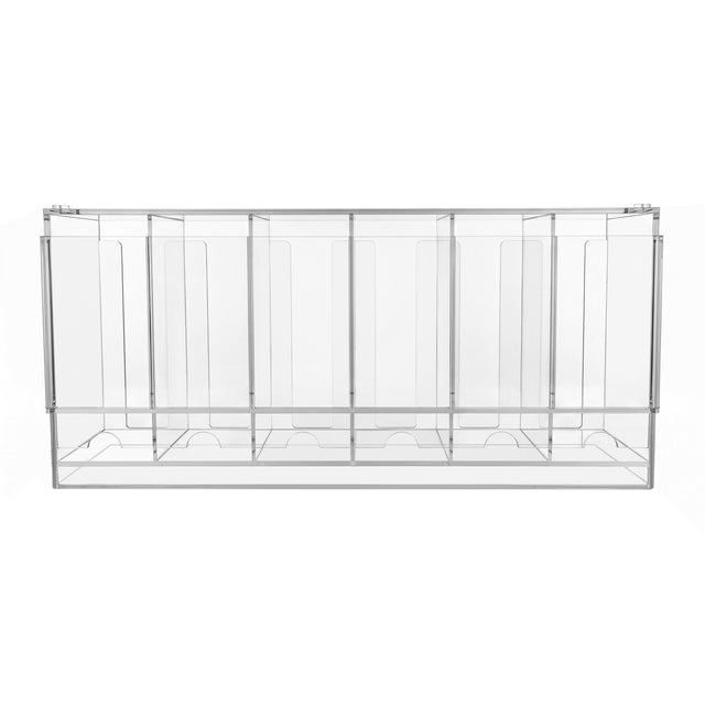 Expositor dispensador acrílico transparente com 6 compartimentos, ideal para organizar boosters de TCG, com acabamento liso e moderno