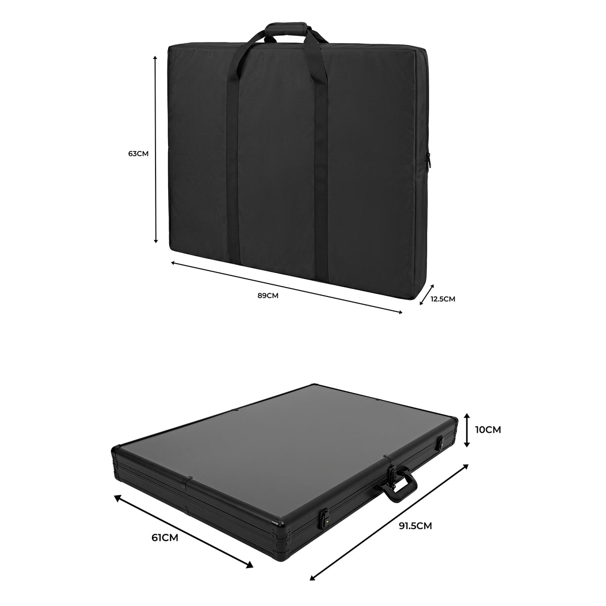 Mala de transporte preta com alças, dimensões 89x63x12,5 cm, ideal para proteger e transportar itens com segurança e estilo