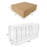 Caixa de papelão marrom com dimensões de 33 cm x 11 cm x 21 cm, acompanhada de organizador de acrílico transparente de 45 cm x 15 cm x 21 cm