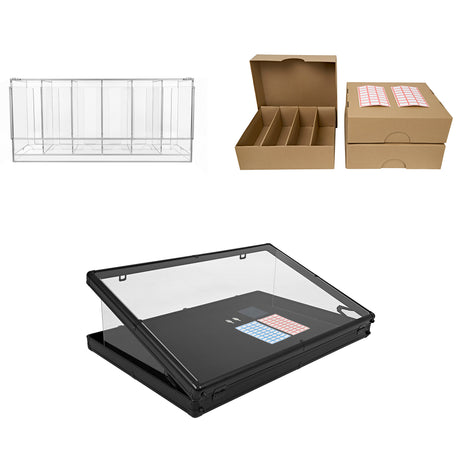 Pack para cartas TCG com vitrine transparente, dispensador preto e caixas de armazenamento em papelão marrom, ideal para organização