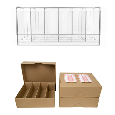 Expositor de acrílico transparente com compartimentos organizadores de papelão marrom, ideal para armazenamento e apresentação de produtos