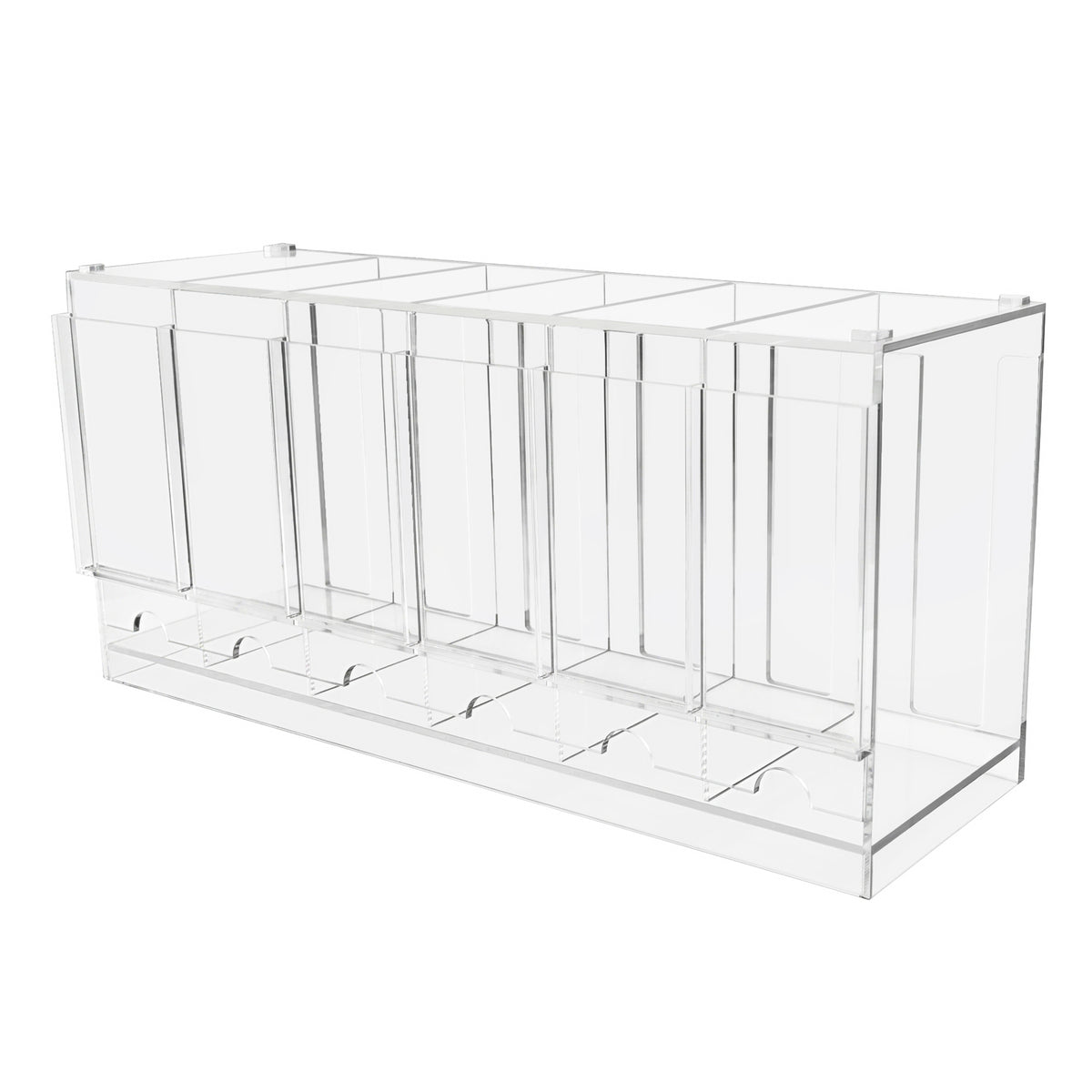 Organizador de acrílico transparente com compartimentos retangulares, ideal para armazenar itens de forma organizada e visível
