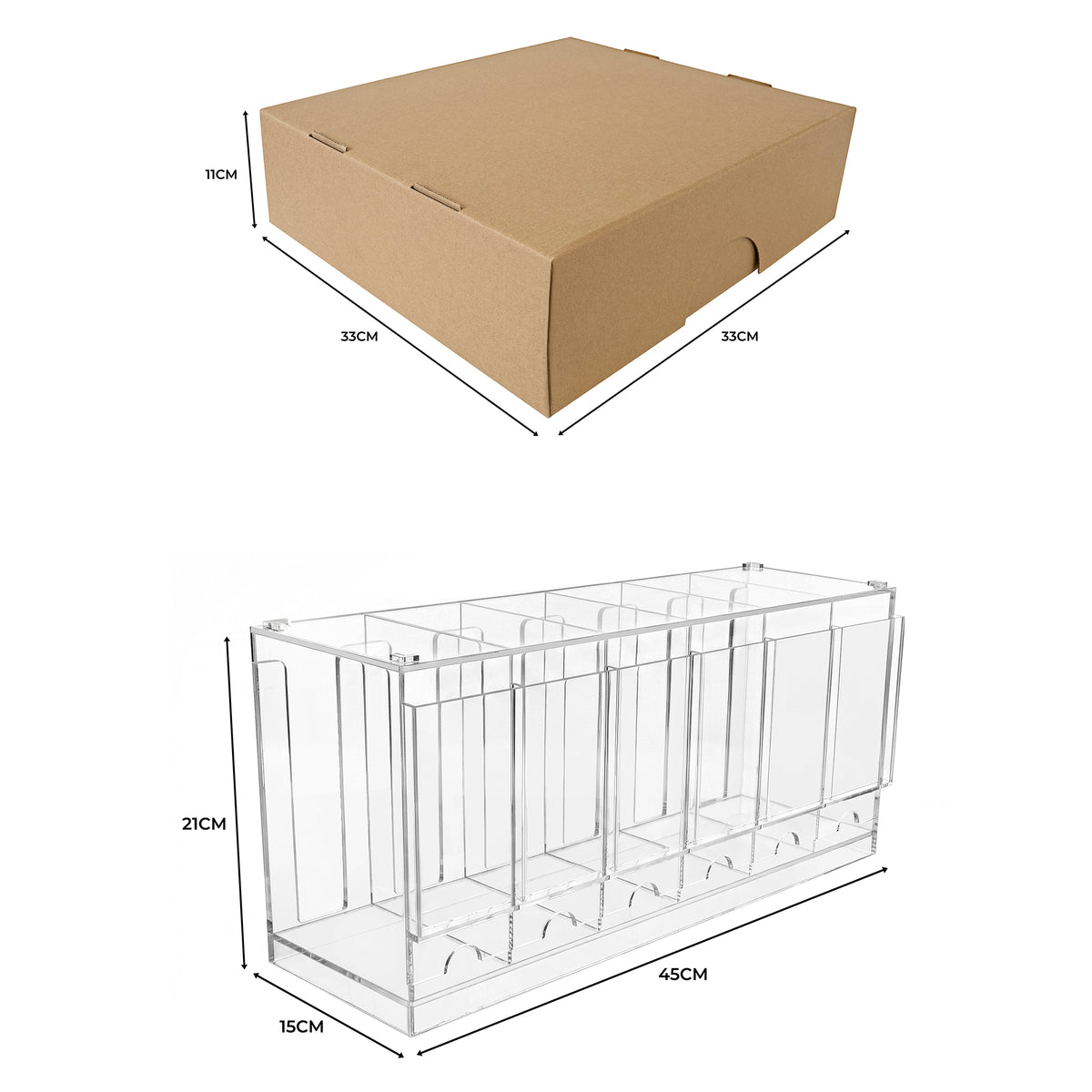 Caixa de papelão marrom retangular com medidas de 33x33x11 cm, acompanhada de organizador transparente de acrílico de 45x15x21 cm