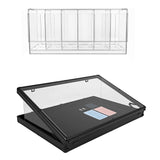 Expositor de acrílico transparente com base preta, ideal para exibir produtos, com design moderno e tampo articulado para fácil acesso