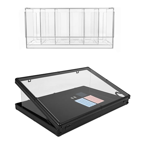 Expositor de acrílico transparente com base preta, ideal para exibir produtos, com design moderno e tampo articulado para fácil acesso