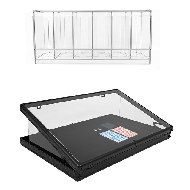 Expositor de acrílico transparente com base preta, ideal para exibir produtos, com design moderno e tampo articulado para fácil acesso