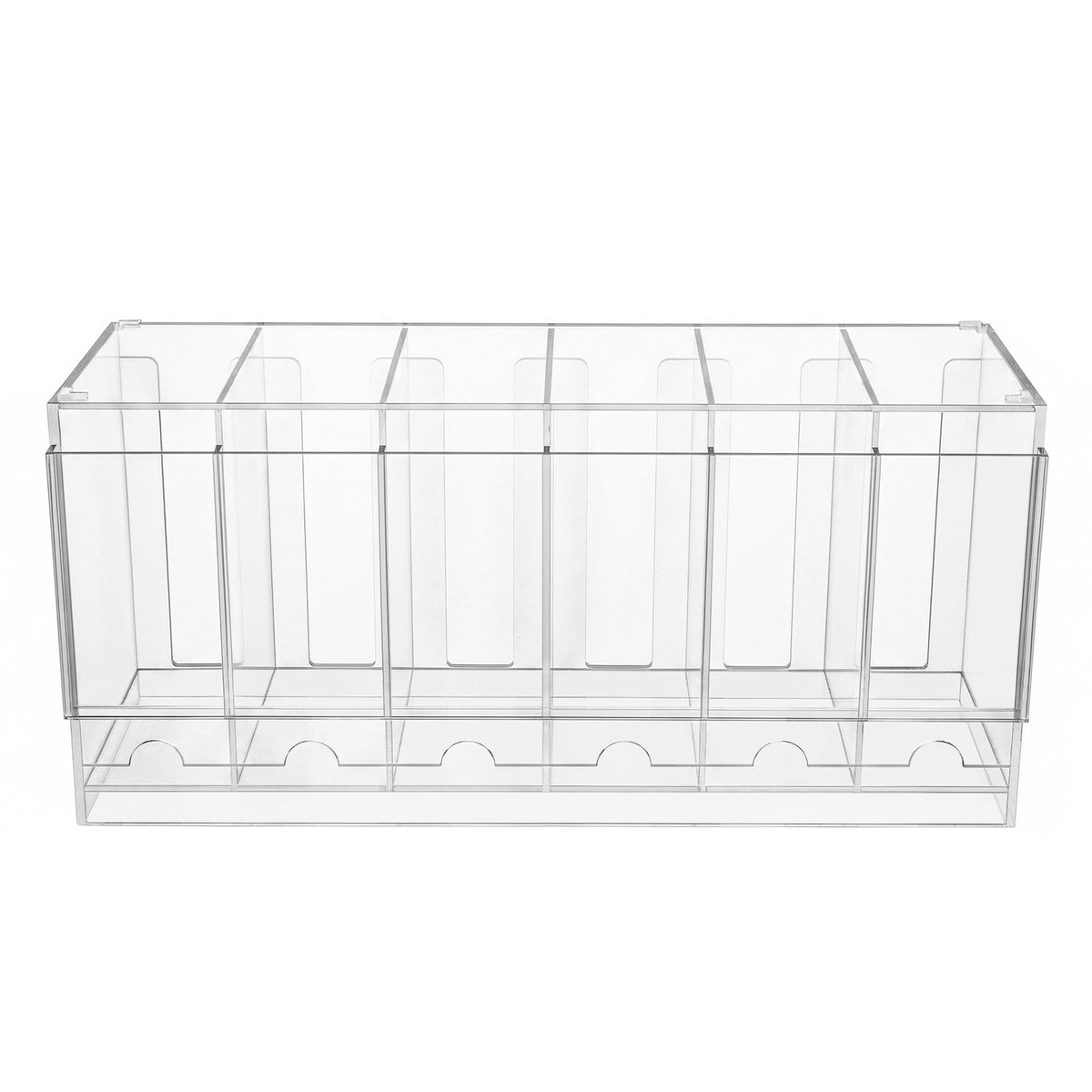 Organizador de acrílico transparente com compartimentos retangulares, ideal para armazenar maquiagem ou pequenos acessórios de forma prática e elegante