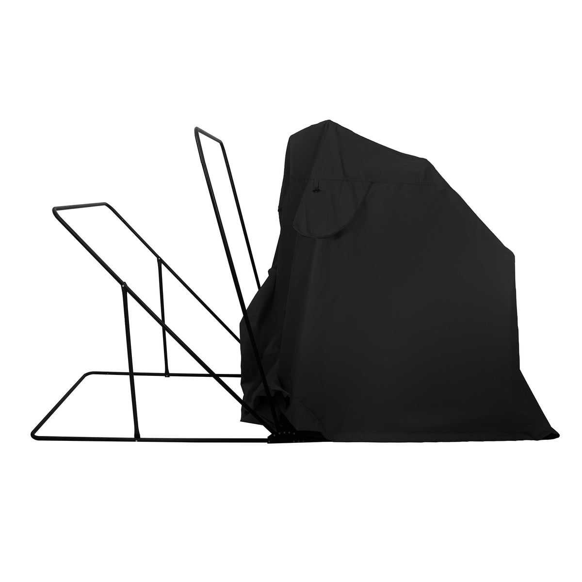 Tenda de camping preta com estrutura metálica, destacando seu design compacto e leve, ideal para atividades ao ar livre