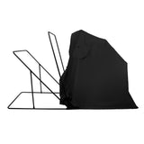 Tenda de camping preta com estrutura metálica, destacando seu design compacto e leve, ideal para atividades ao ar livre
