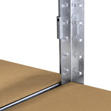 Conectores de baía Galwix em metal prateado, fixando prateleiras de papelão em estrutura de estante robusta e durável