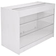 Expositor K1200 em MDF branco, com prateleira de vidro e fechadura, ideal para exibir produtos com estilo e segurança