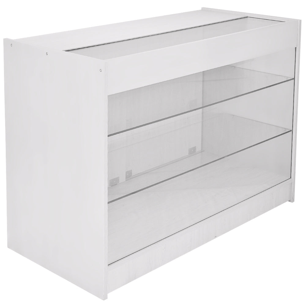 Expositor comercial K1200 em MDF branco com fechadura e prateleira de vidro