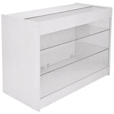 Expositor comercial K1200 em MDF branco com fechadura e prateleira de vidro