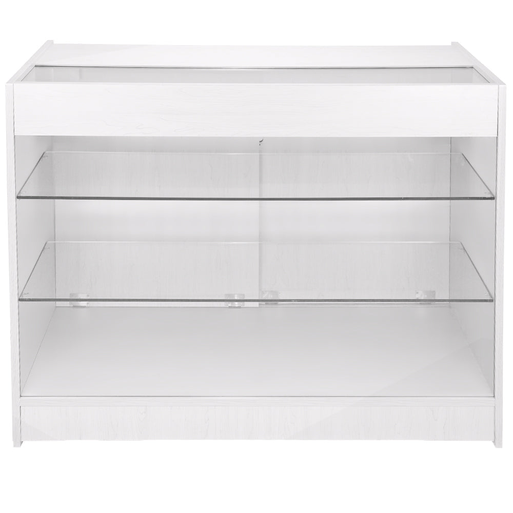 Expositor comercial K1200 em MDF branco com fechadura e prateleira de vidro