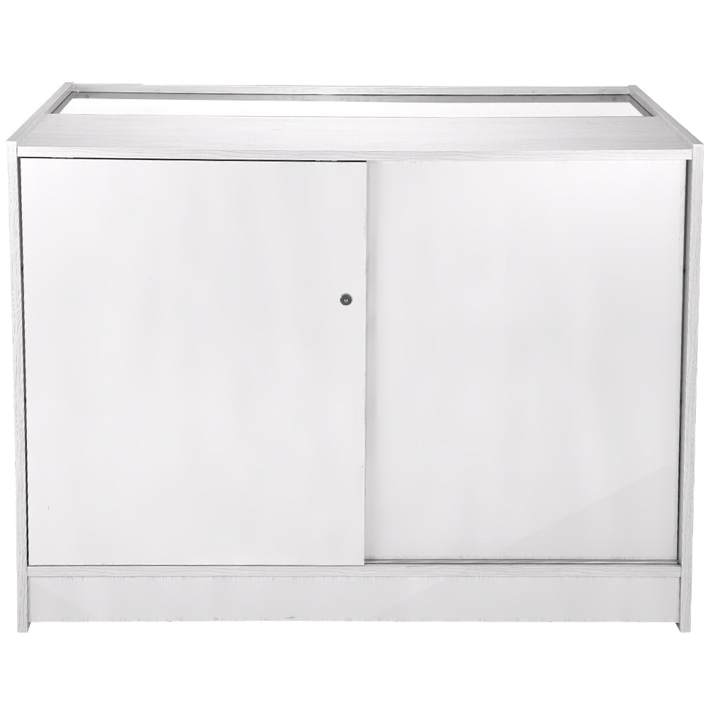 Expositor comercial K1200 em MDF branco com fechadura e prateleira de vidro