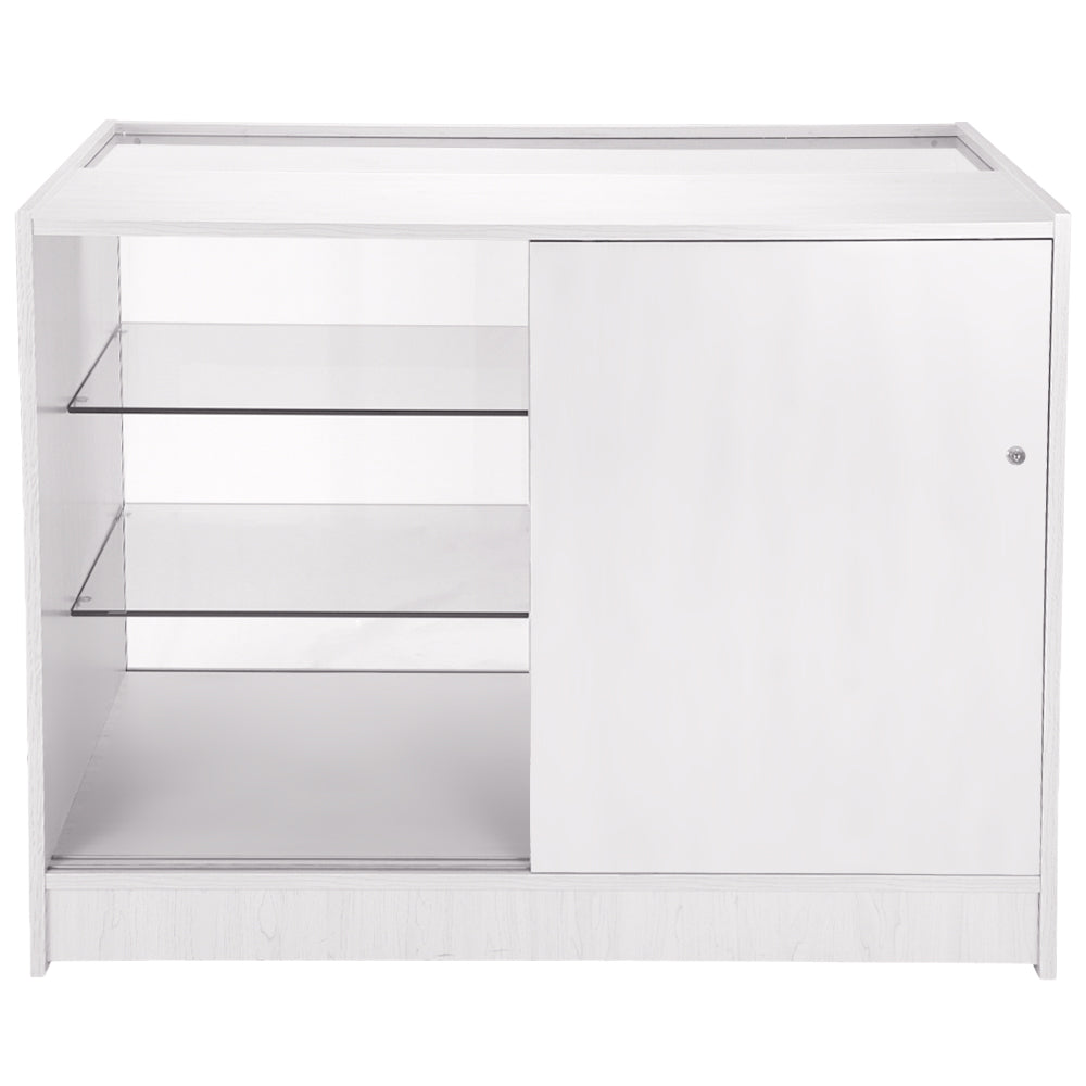 Expositor comercial K1200 em MDF branco com fechadura e prateleira de vidro