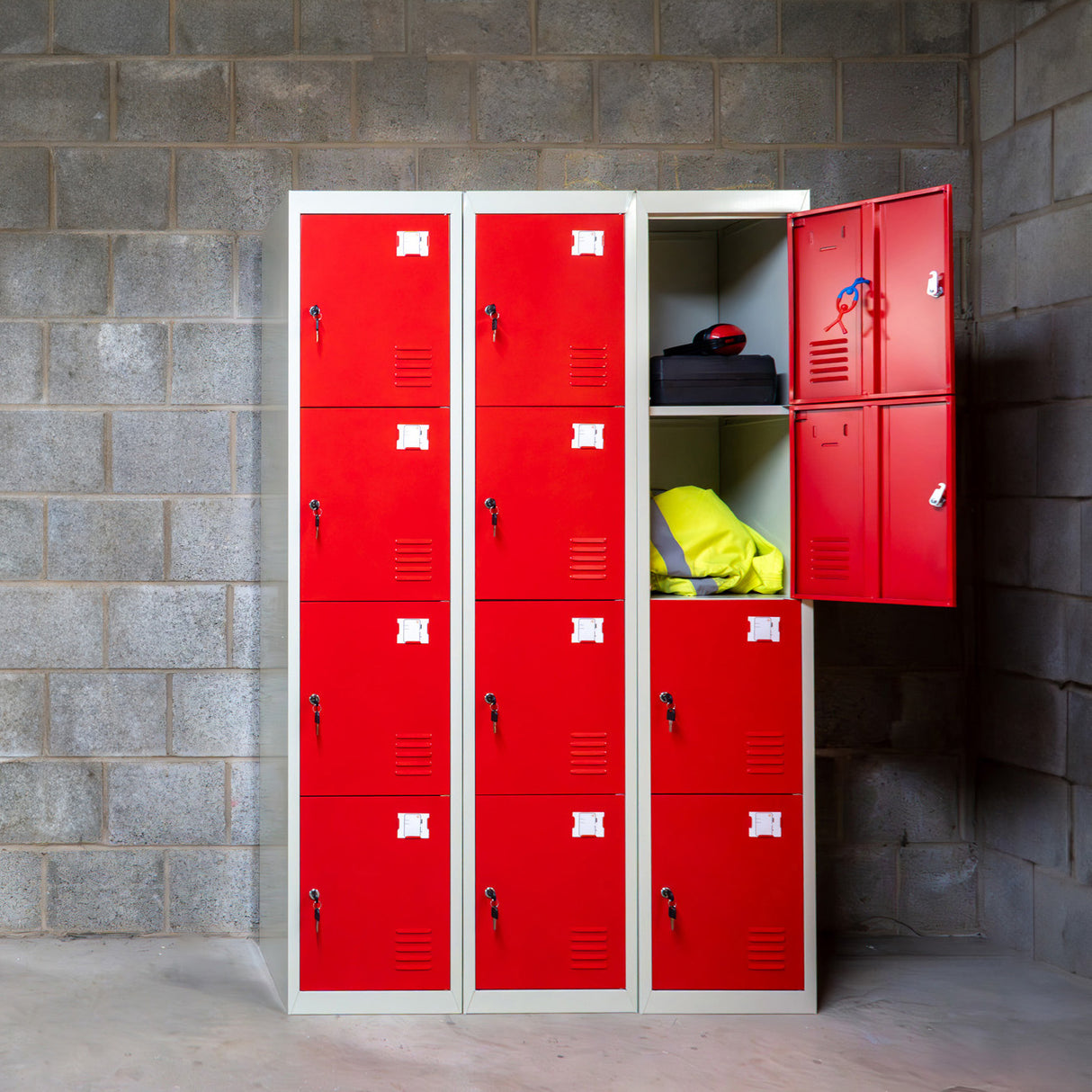 3 x Armários de Armazenamento de Metal - Quatro Portas, Vermelho