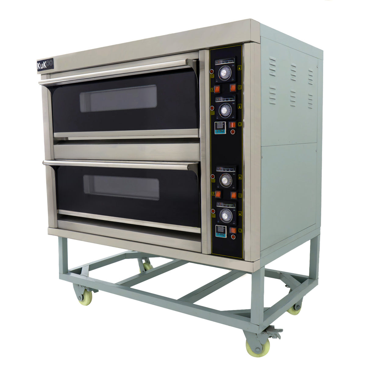 Forno comercial grande para pizza KuKoo com estrutura metálica prateada, duas câmaras de aquecimento e controle digital de temperatura