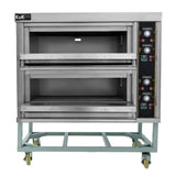 Forno comercial grande para pizza KuKoo em aço inox, com duas câmaras, controles digitais e rodas para fácil movimentação
