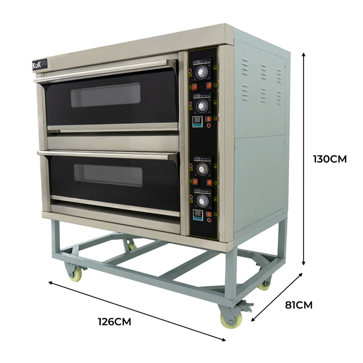 Forno comercial grande para pizza KuKoo com acabamento em aço inox, duas câmaras, controle digital e rodas para fácil movimentação
