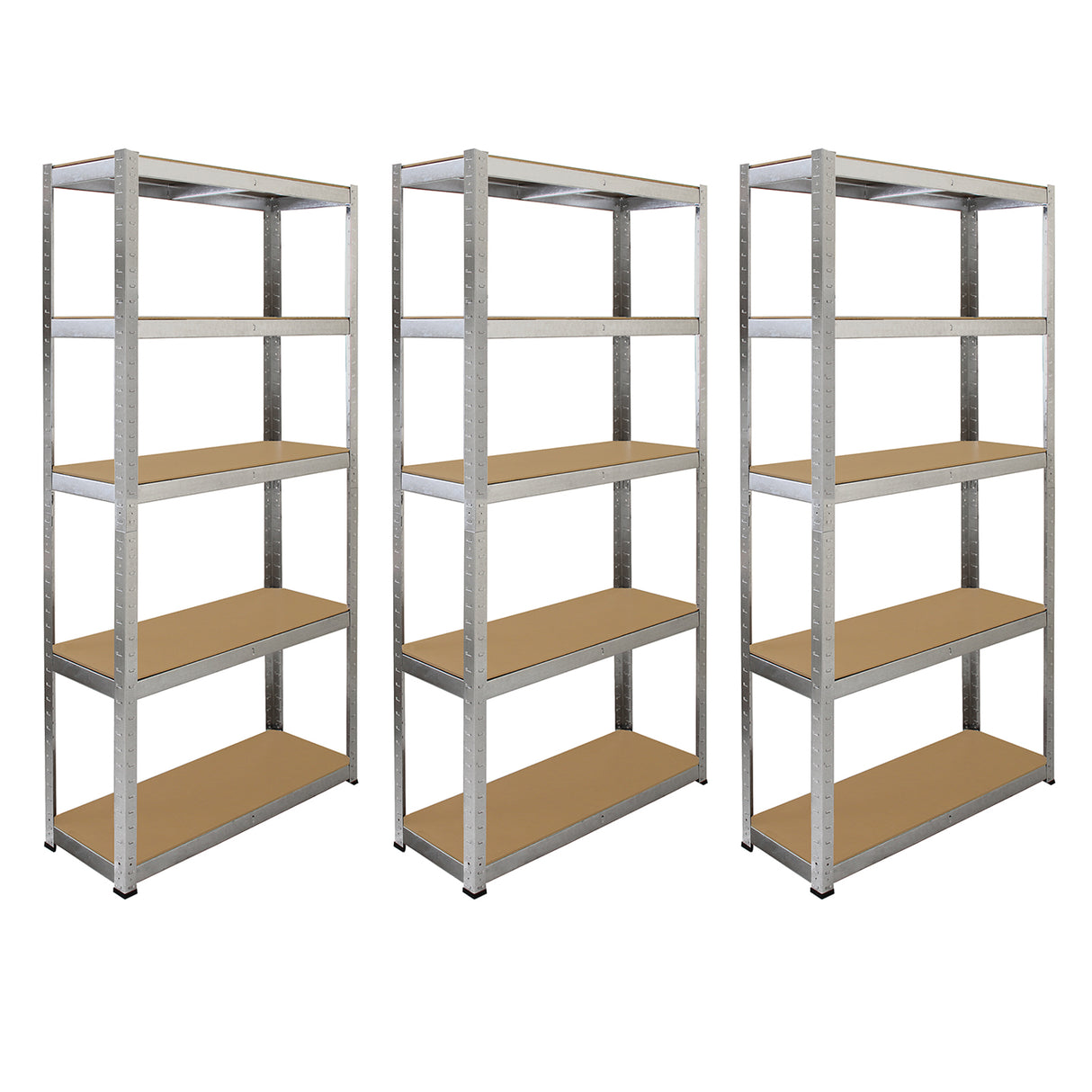 Estantes galvanizadas em metal prateado, com prateleiras de MDF marrom, medindo 90cm x 180cm x 30cm, ideais para armazenamento