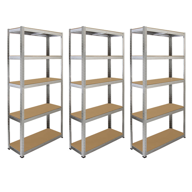 Estantes galvanizadas em metal prateado, com prateleiras de MDF marrom, medindo 90cm x 180cm x 30cm, ideais para armazenamento