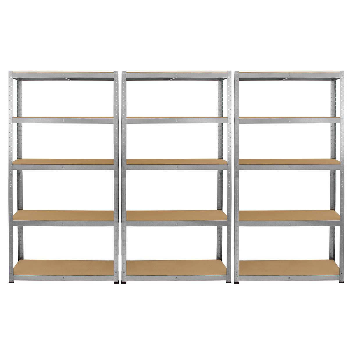 Estantes galvanizadas em aço, com prateleiras de MDF, medindo 90cm x 180cm x 30cm, ideal para armazenamento robusto e organizado