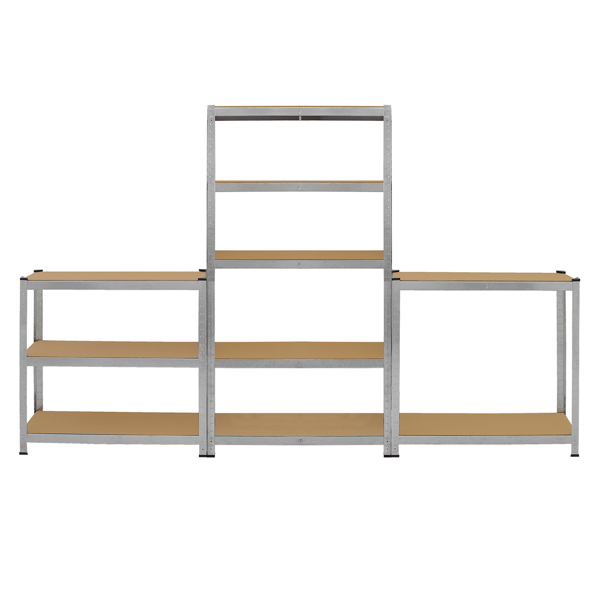 Estantes galvanizadas em metal prateado, com prateleiras de madeira clara, organizadas em formato de U, medindo 90cm x 180cm x 30cm