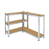 Estantes galvanizadas em formato L, com prateleiras de MDF, medindo 90cm x 180cm x 30cm, ideal para armazenamento robusto e organizado
