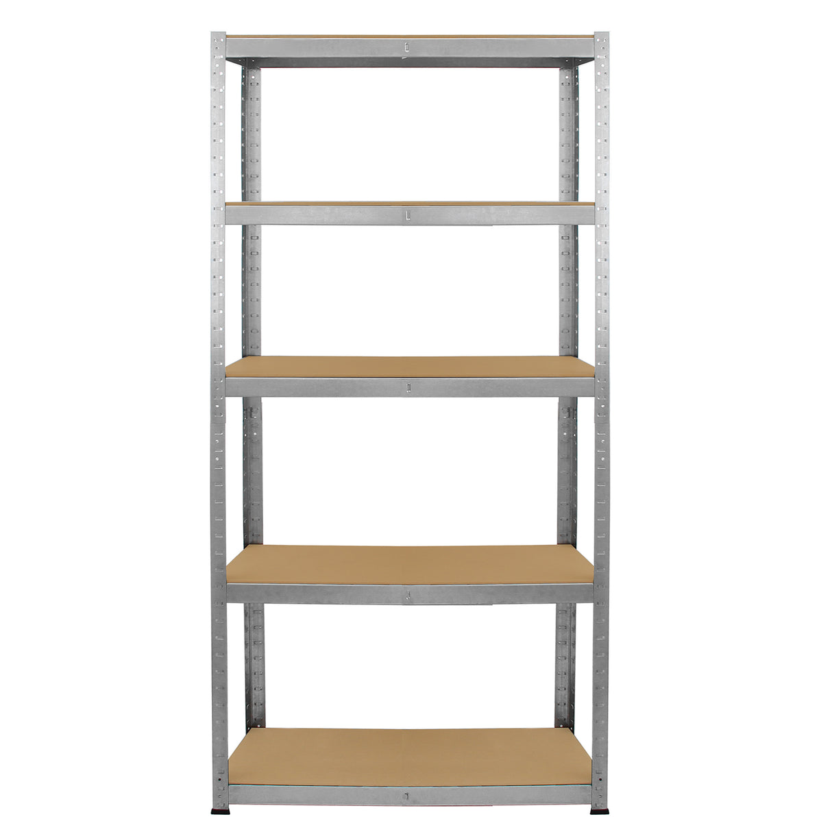 Estante galvanizada de 90cm x 180cm x 30cm com cinco prateleiras de madeira clara, estrutura metálica prateada e acabamento robusto