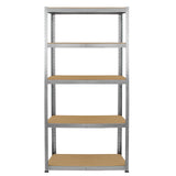 Estante galvanizada de 90cm x 180cm x 30cm com cinco prateleiras de madeira clara, estrutura metálica prateada e acabamento robusto