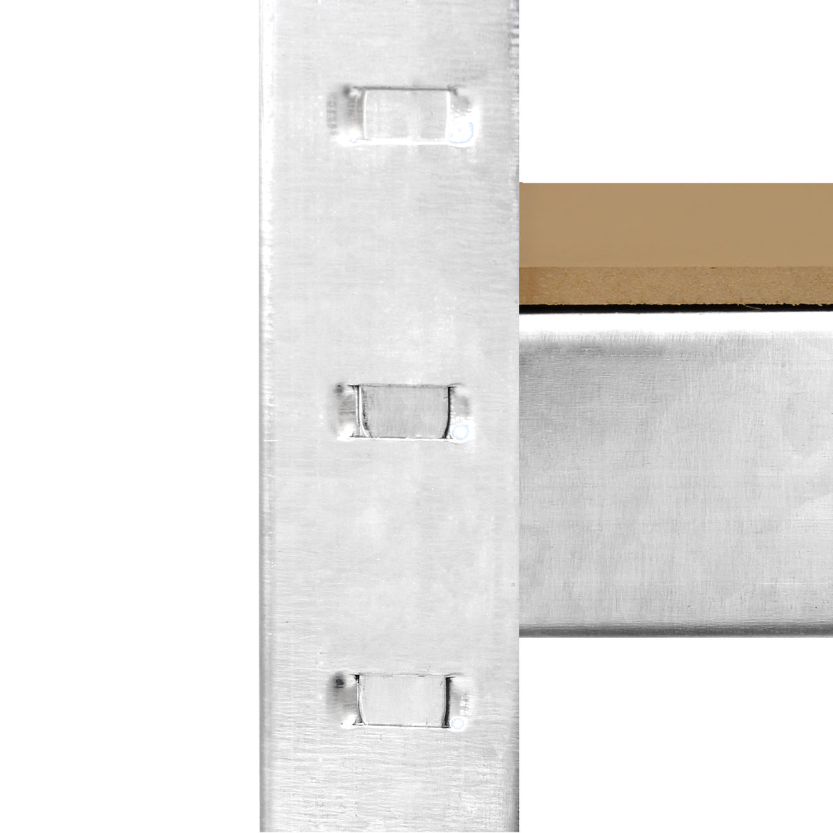 Estrutura de estante galvanizada em metal prateado, com prateleiras de madeira clara, ideal para armazenamento robusto e durável