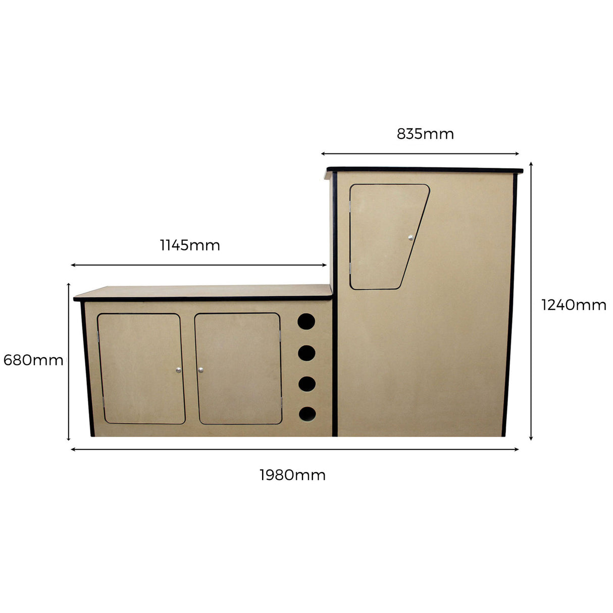 Revestimento cinza fumê para van, com dimensões detalhadas, mostrando armário e espaço para cozinha em camper, com texturas lisas