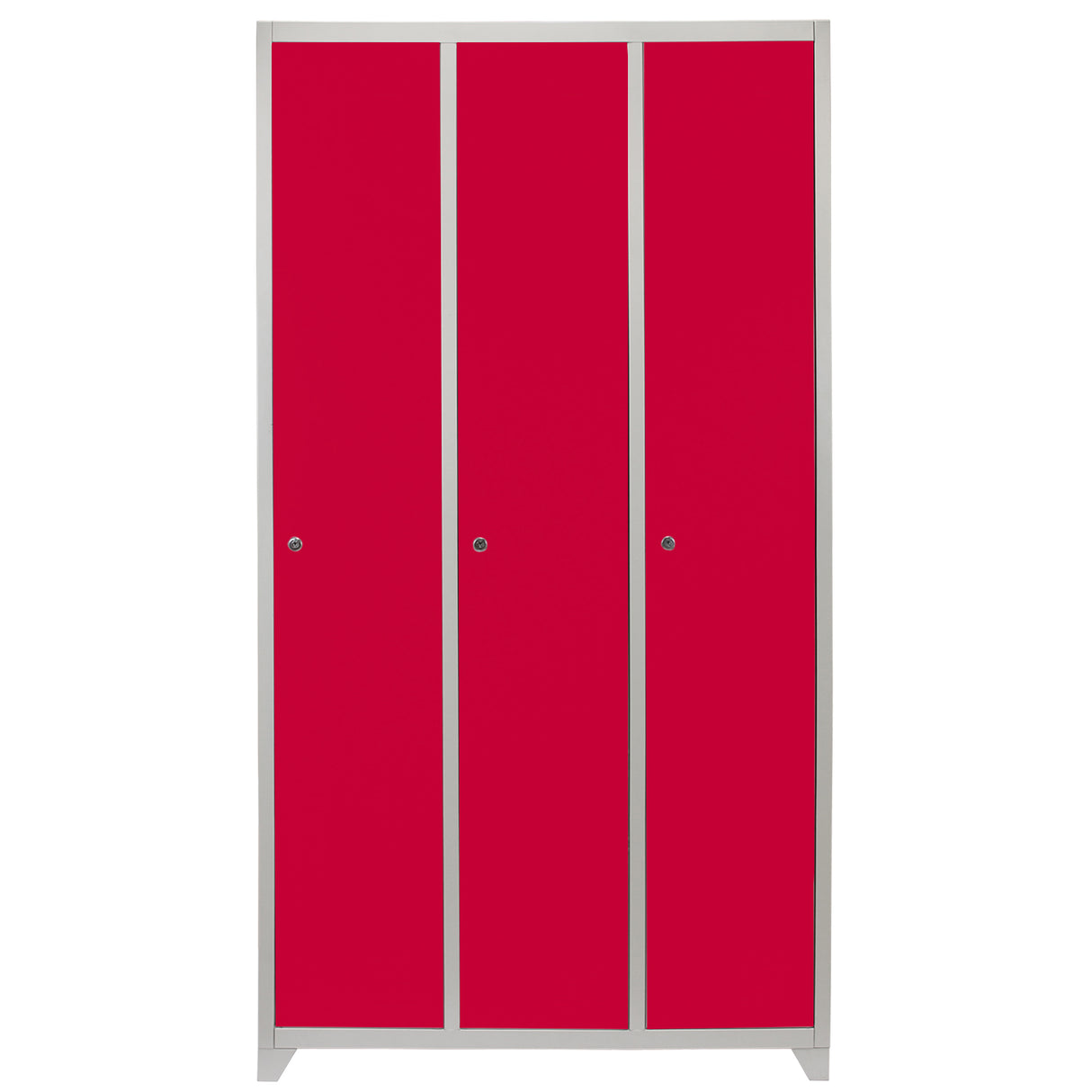 Armário de metal vermelho com três portas, acabamento liso e estrutura robusta, ideal para armazenamento em ambientes diversos