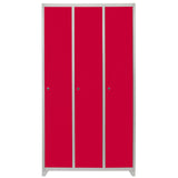 Armário de metal vermelho com três portas, acabamento liso e estrutura robusta, ideal para armazenamento em ambientes diversos