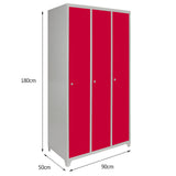 Armário de metal vermelho com três portas, dimensões de 180cm de altura, 90cm de largura e 50cm de profundidade, ideal para armazenamento